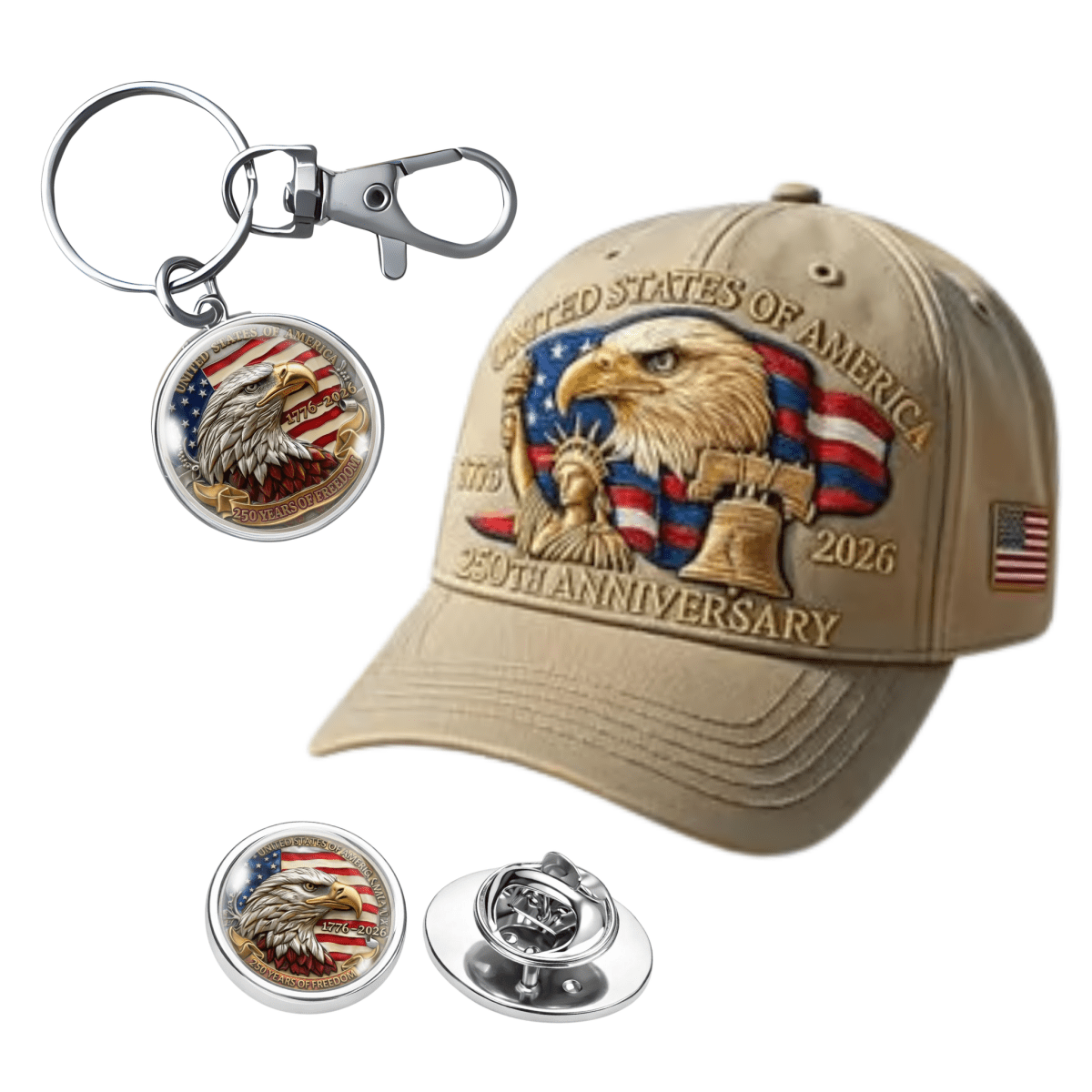 Cap, keychain, and pins with American eagle and flag design on a white background