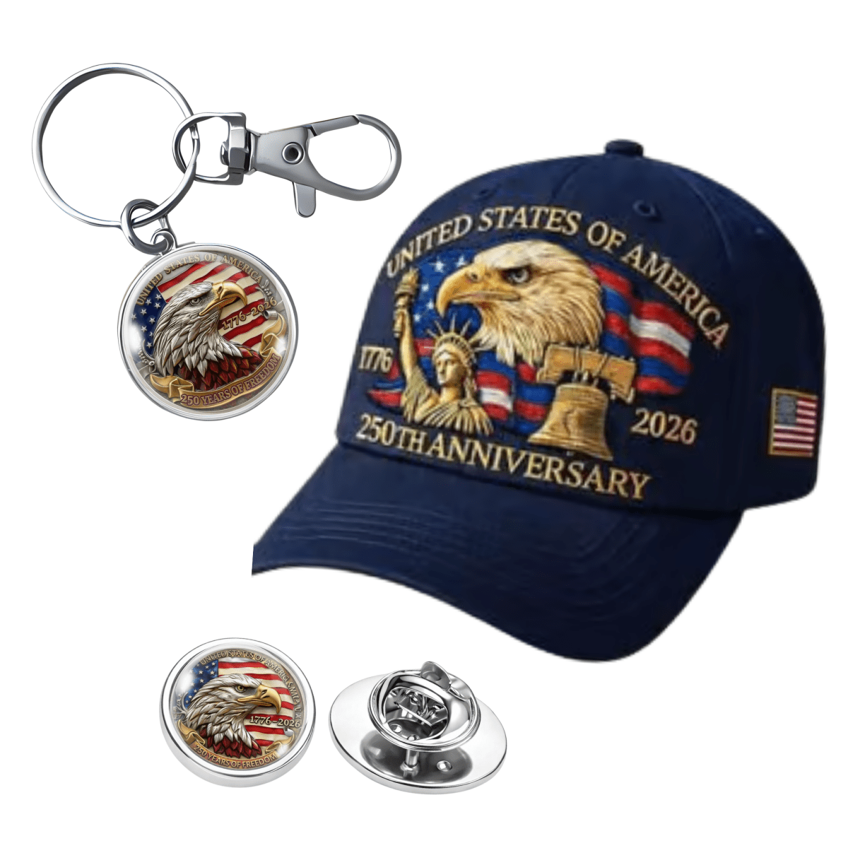 Cap, keychain, and pins with American-themed designs on a white background