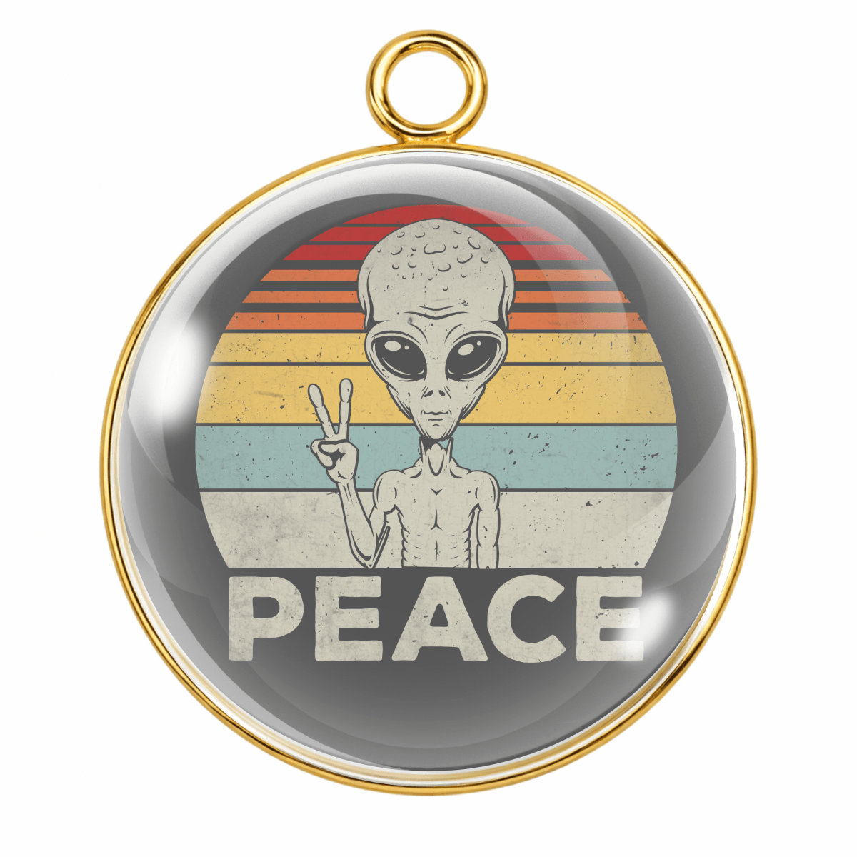 Pendant with alien design and 'PEACE' text on a colorful background