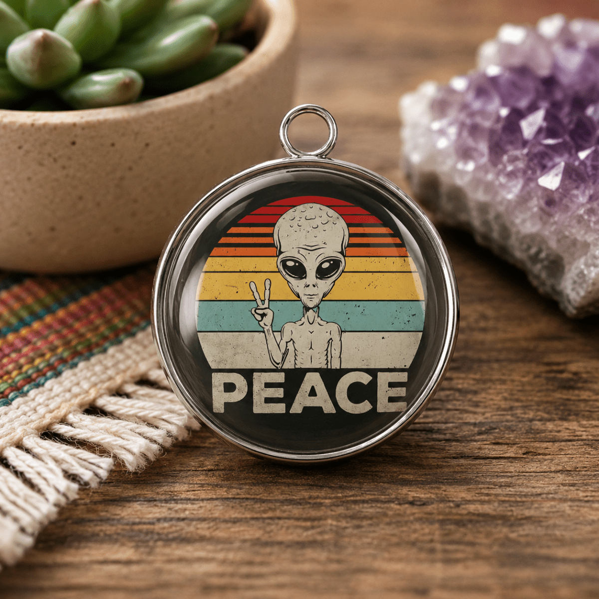 Vintage-style pendant with alien design and 'PEACE' text on a wooden surface with decorative items.