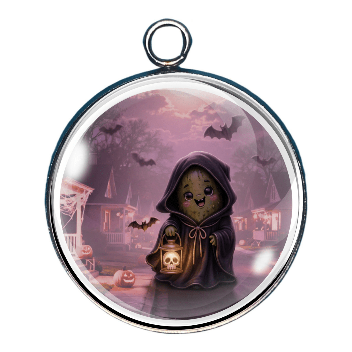 Adorable Grim Reamer pickle holding a glowing lantern in a moonlit neighborhood.