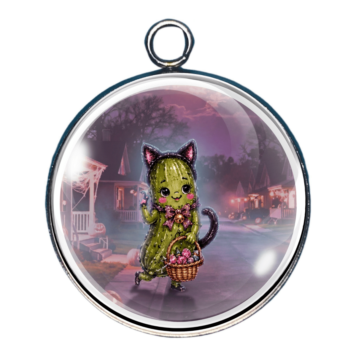 Cute black cat pickle carrying a Halloween candy basket.