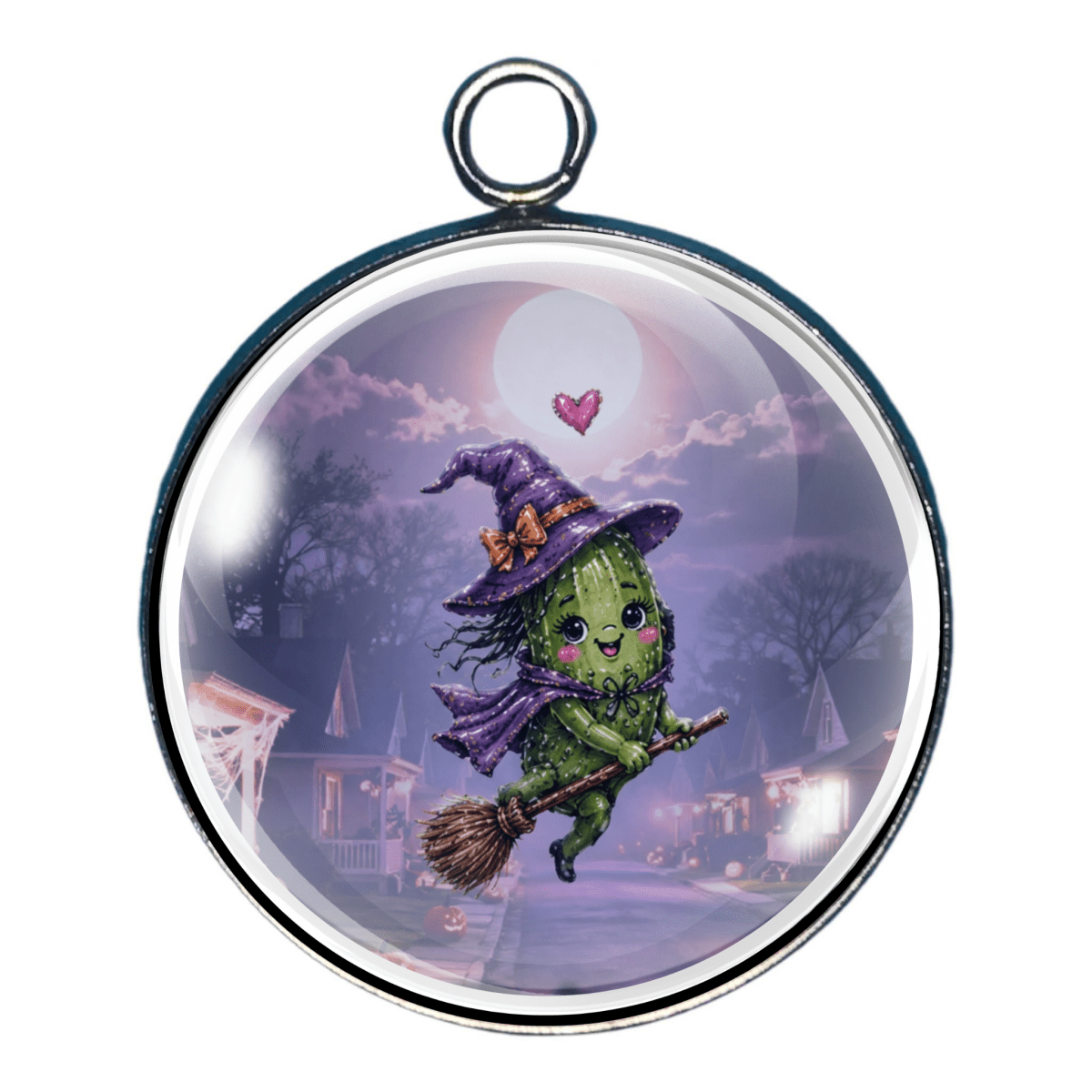 Happy witch pickle flying on a broom beneath the Halloween moon.