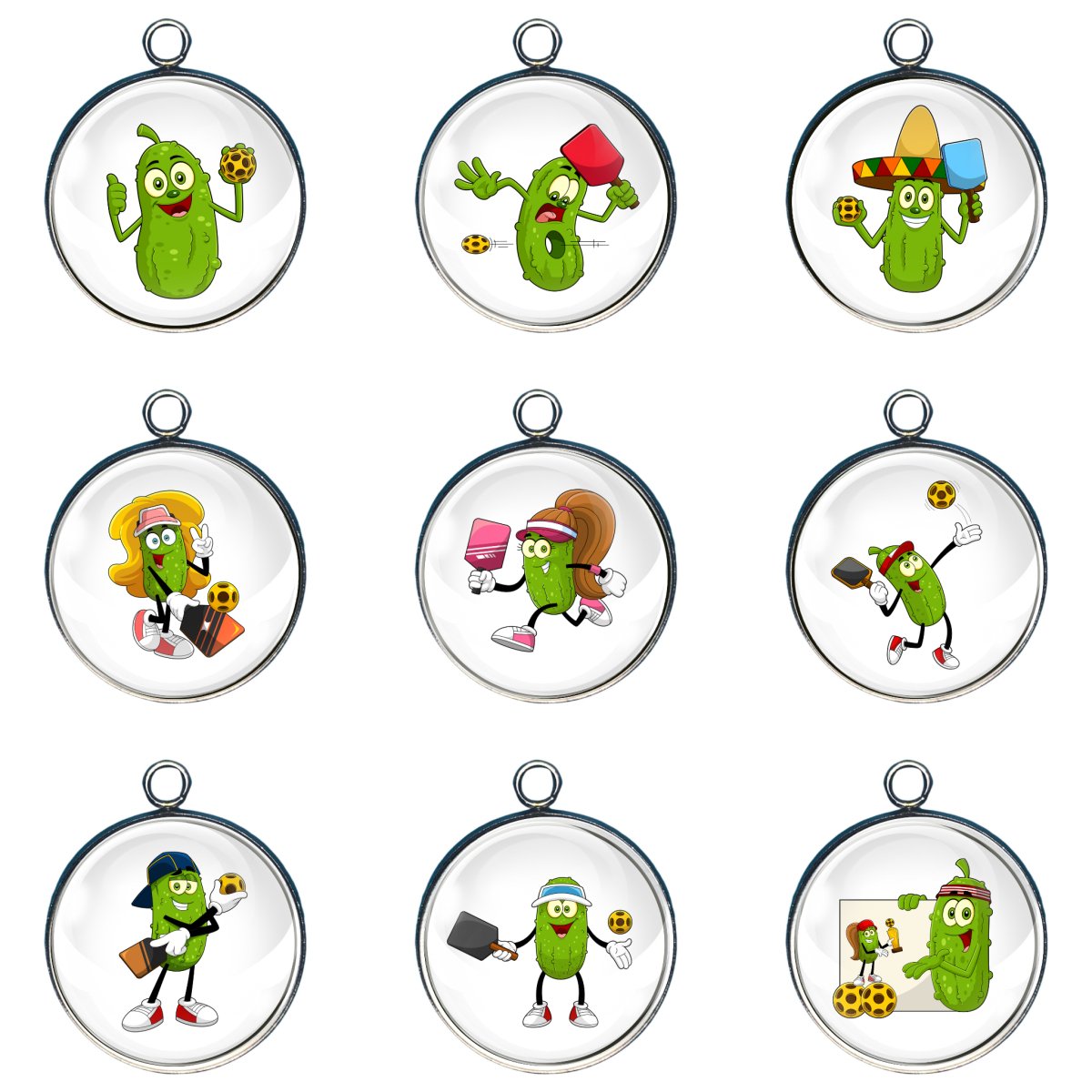 Pickles playing Pickleball Glass Cabochon Charms