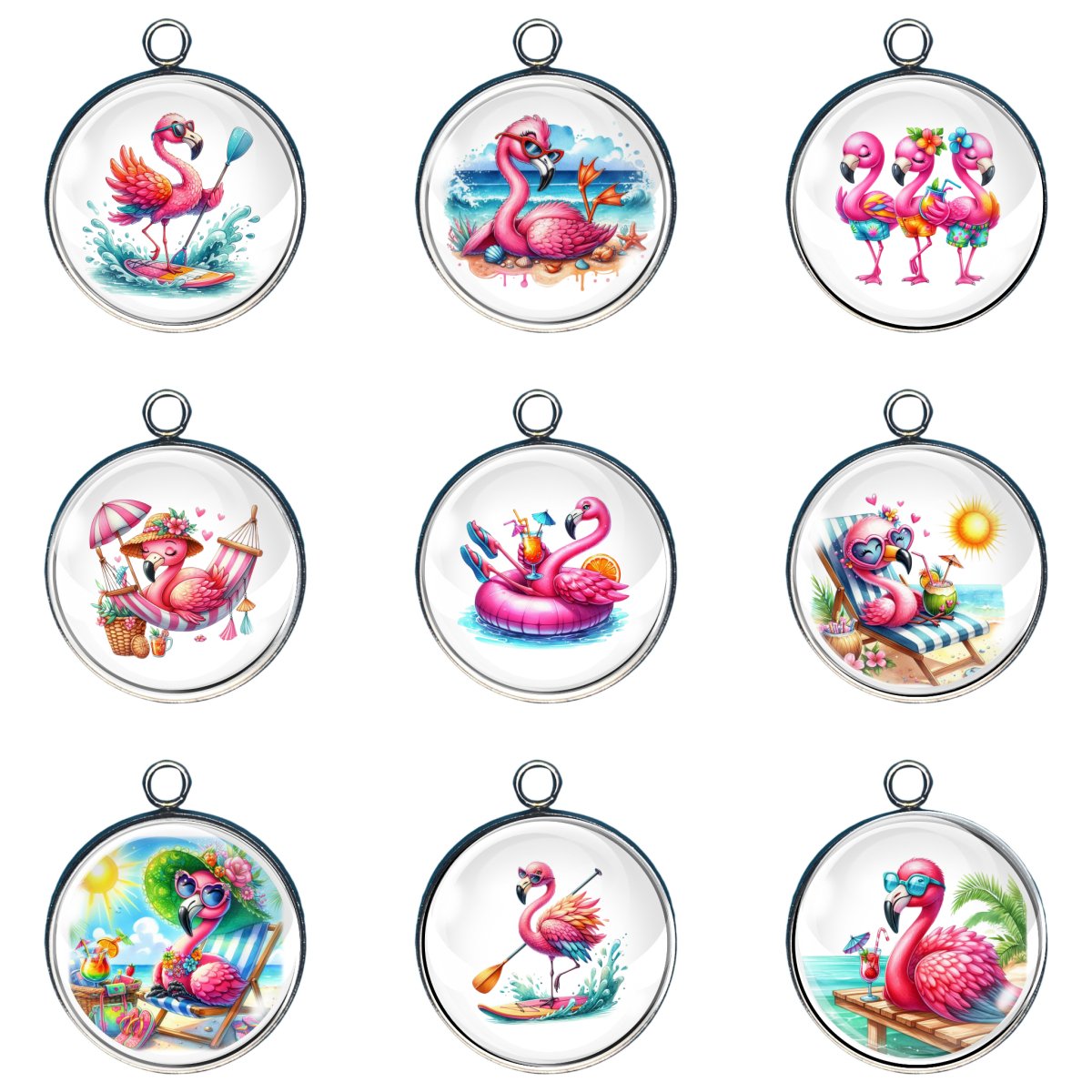 Group of 9 charms of pink flamingos