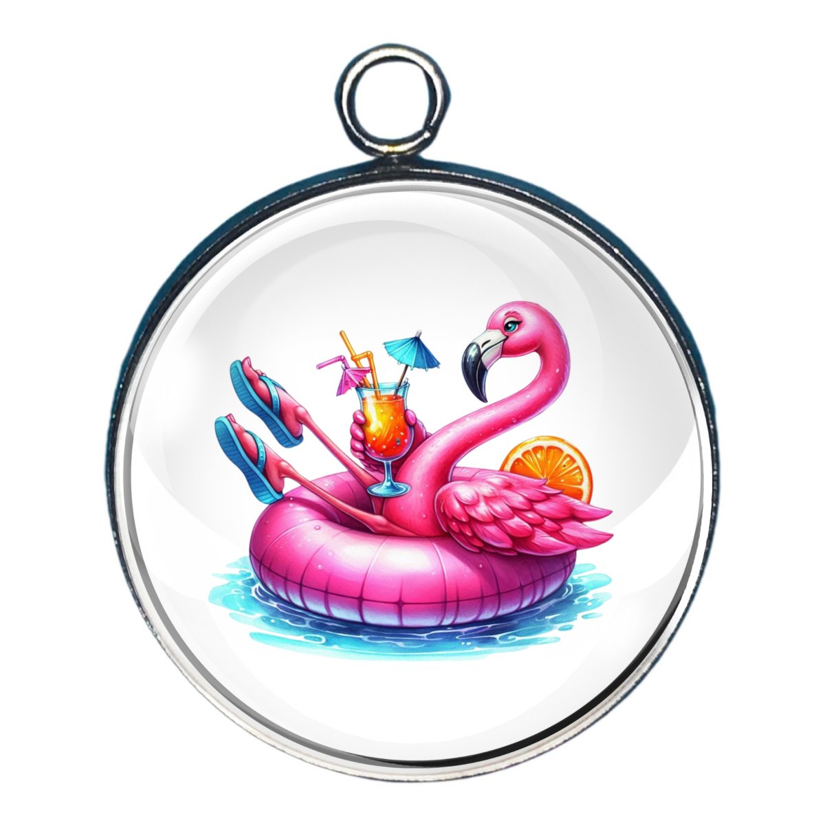 charm of a pink flamingo tubing in the water