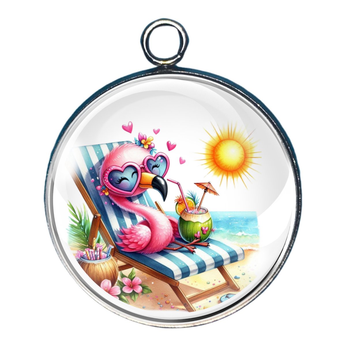 charm of a pink flamingo in a lounge chair at the beach