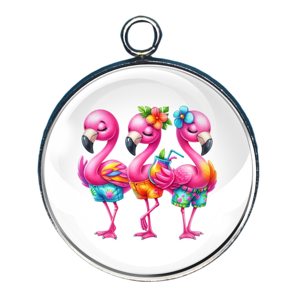 charm of 3 flamingos wearing shorts and drinking drinks