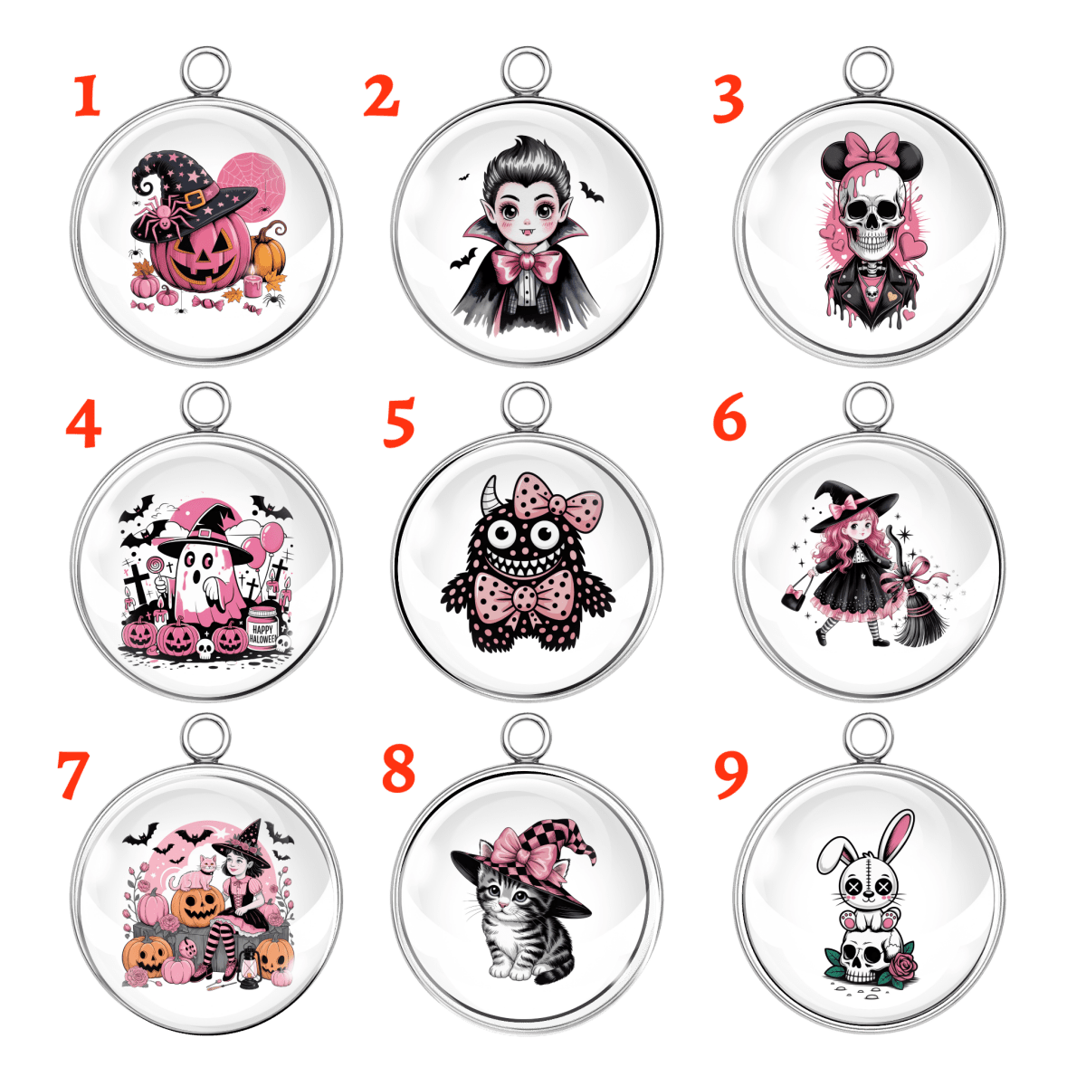 Group photo of 9 pink spooky Halloween charms featuring witches, ghosts, skeletons, monsters, pumpkins, a cat, and a gothic bunny.
