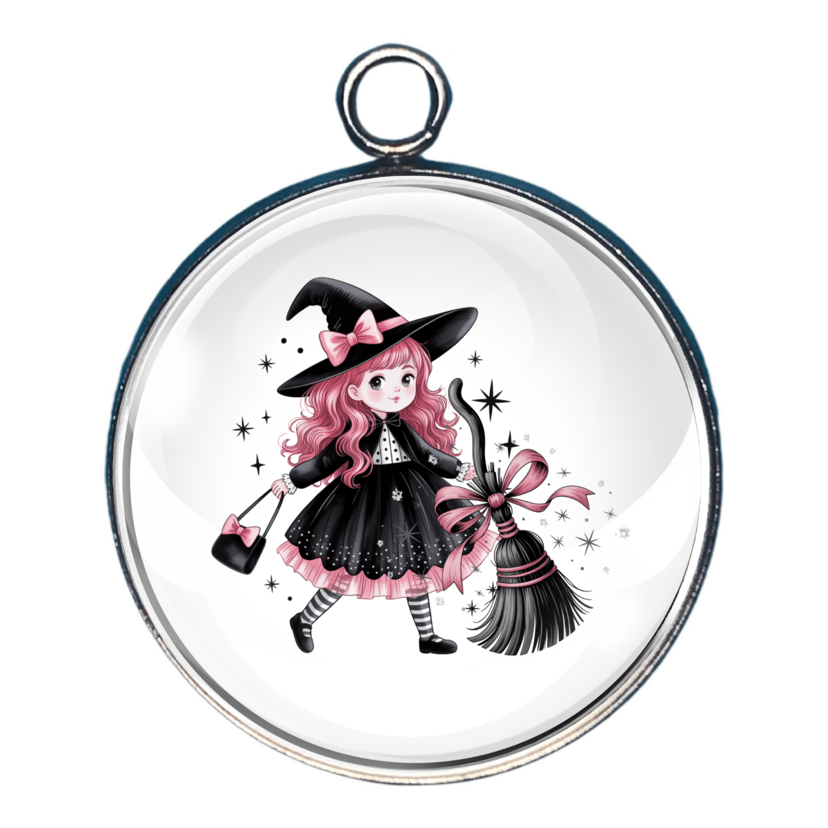 Charm of a cartoon witch design featuring pink hair, a black hat, and a broom.