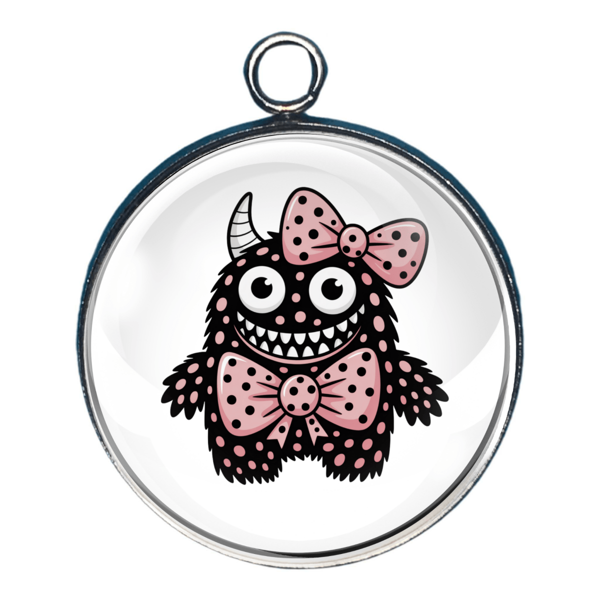 Charm of a Cute black and pink polka dot  monster with big eyes and a pink polka-dot bows