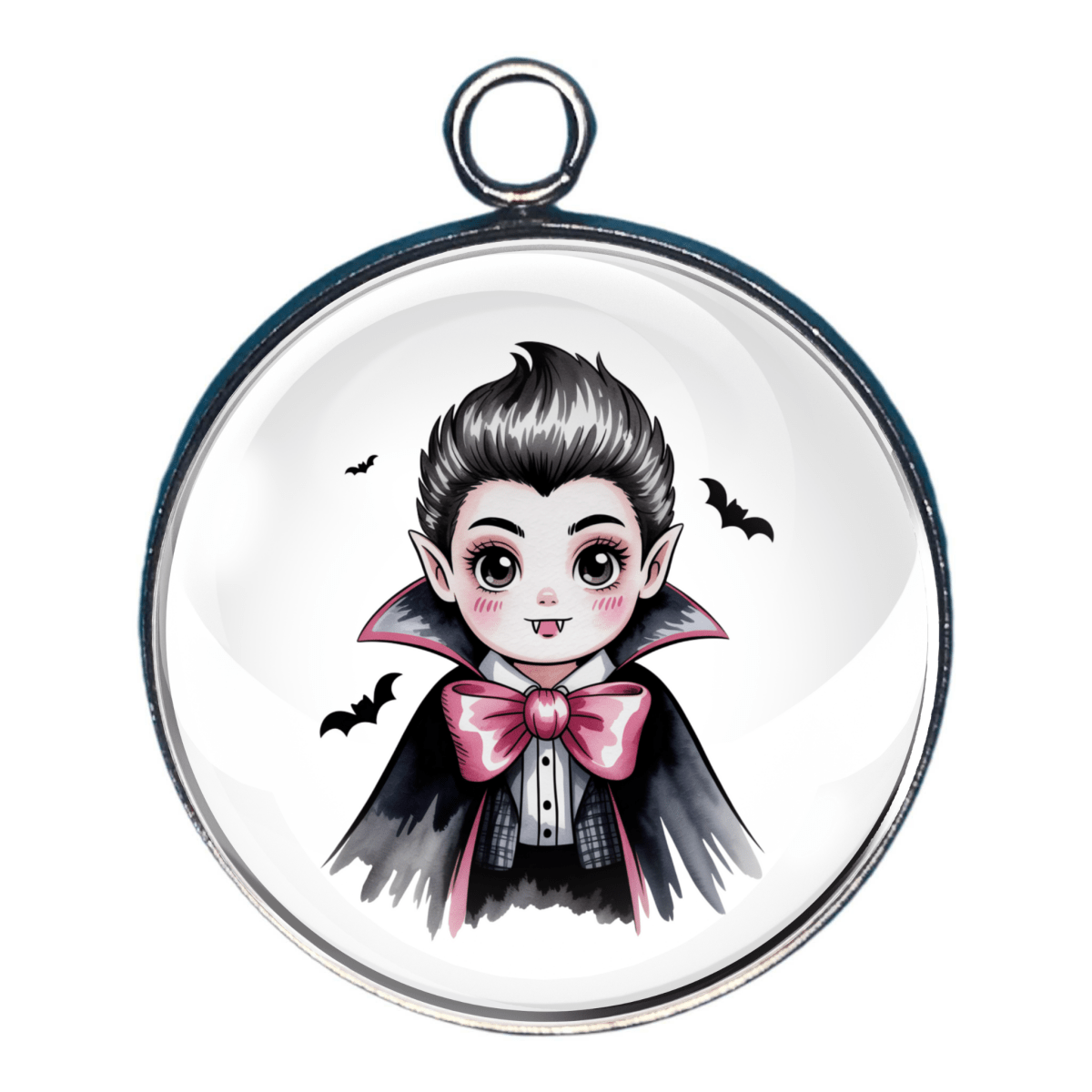 Charm of a cartoon character of a vampire wearing a pink bow tie with bats flying around.