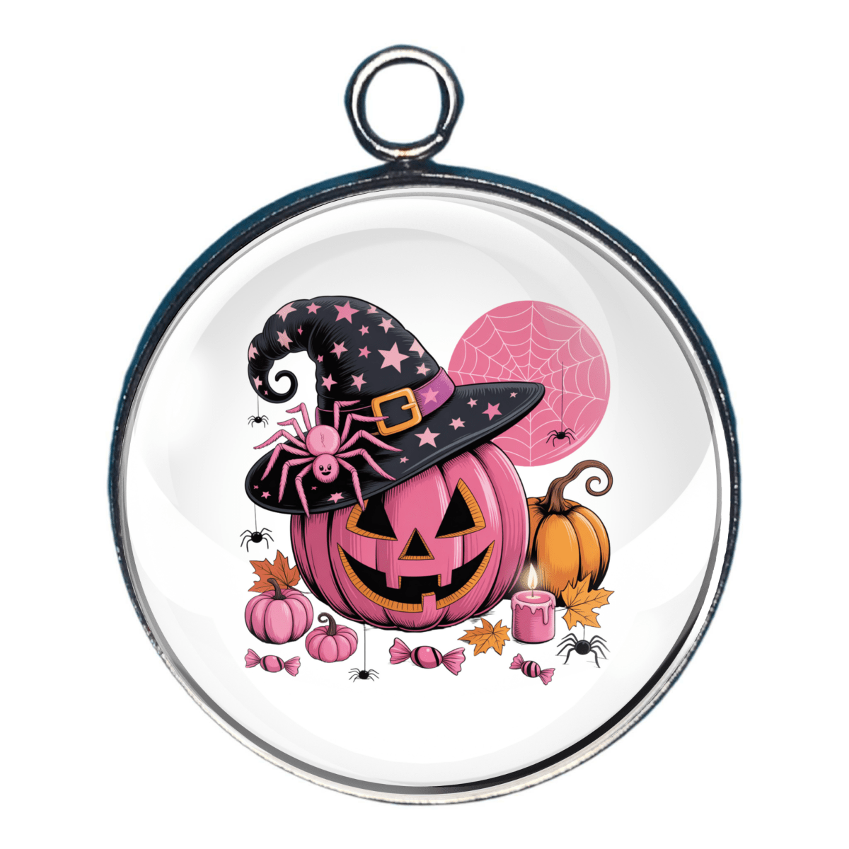 Halloween-themed Charm with  a pink pumpkin, witch hat, and candy on a white background