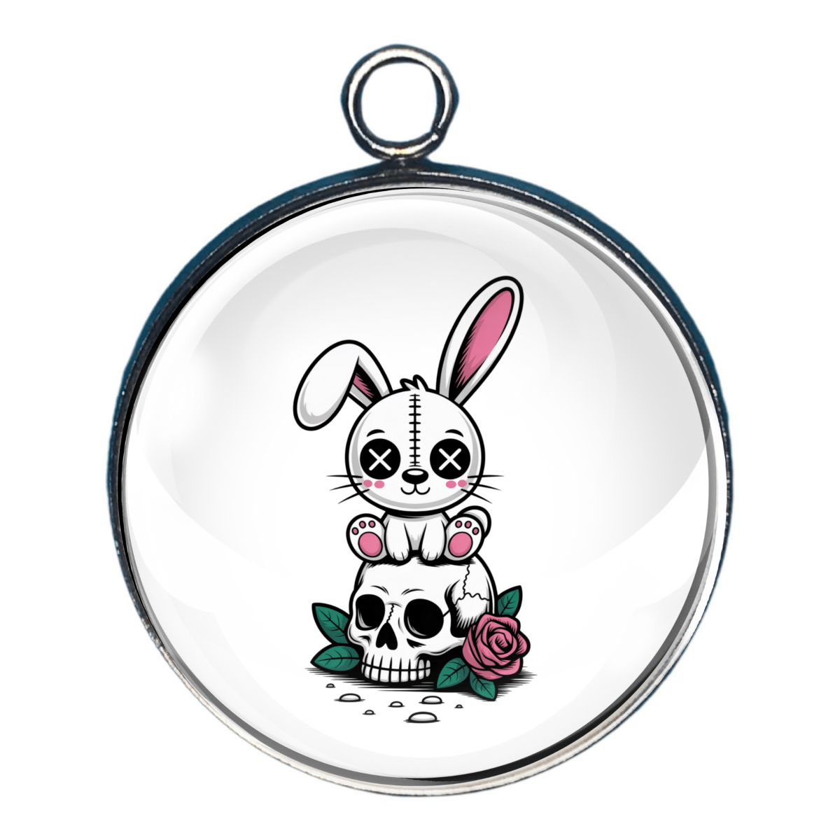 Charm of a  White goth bunny with pink ears holding a skull and roses at its feet.  