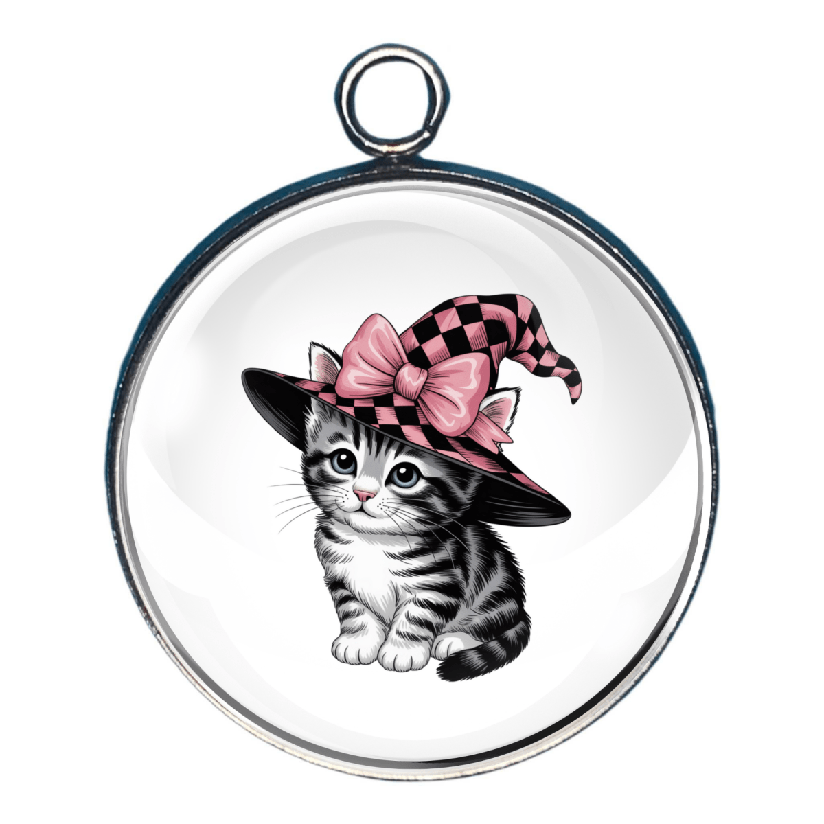 Charm of a Gray  striped kitten in a witch hat with a big pink bow