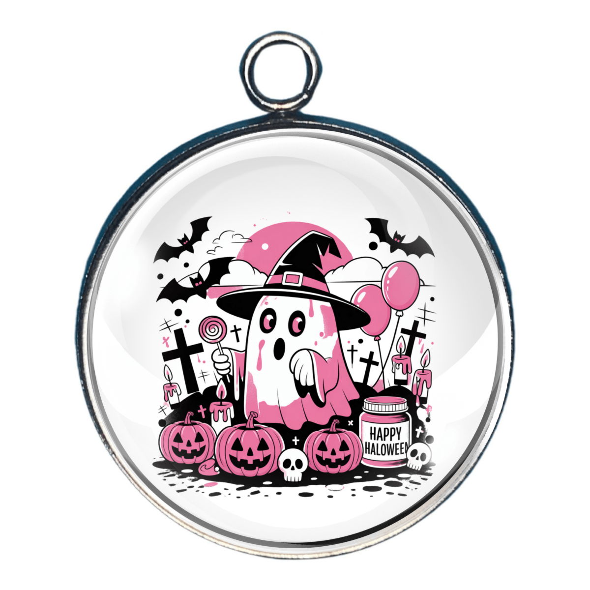 Charm of a Ghost in graveyard scene with bats and jack-o’-lanterns