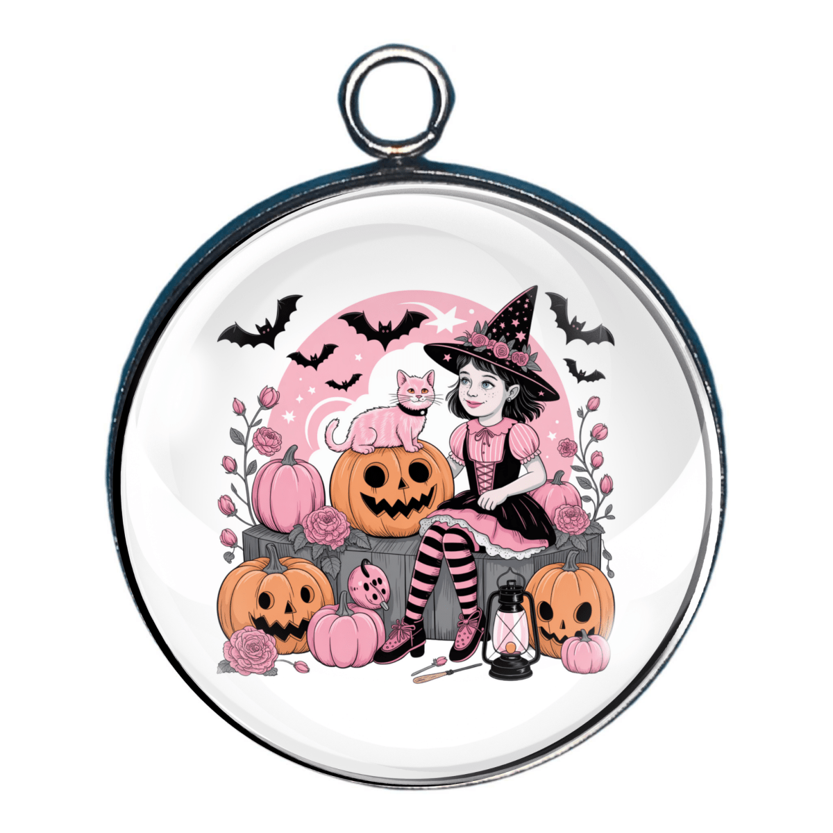 Charm of a Pink witch sitting with pumpkins,  smiling jack-o’-lanterns, and bats.