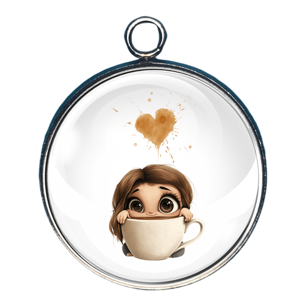 Please Send Coffee charm showing girl peeking out of oversized coffee mug with heart-shaped splash.