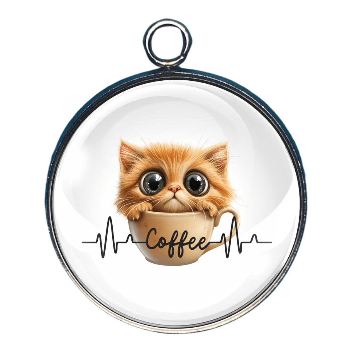 Please Send Coffee charm featuring adorable kitten sitting inside coffee cup with heartbeat line design.