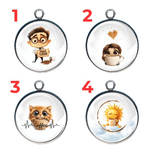 Please Send Coffee charm collection featuring four cute caffeine-themed pendant designs in round stainless steel bezel settings.
