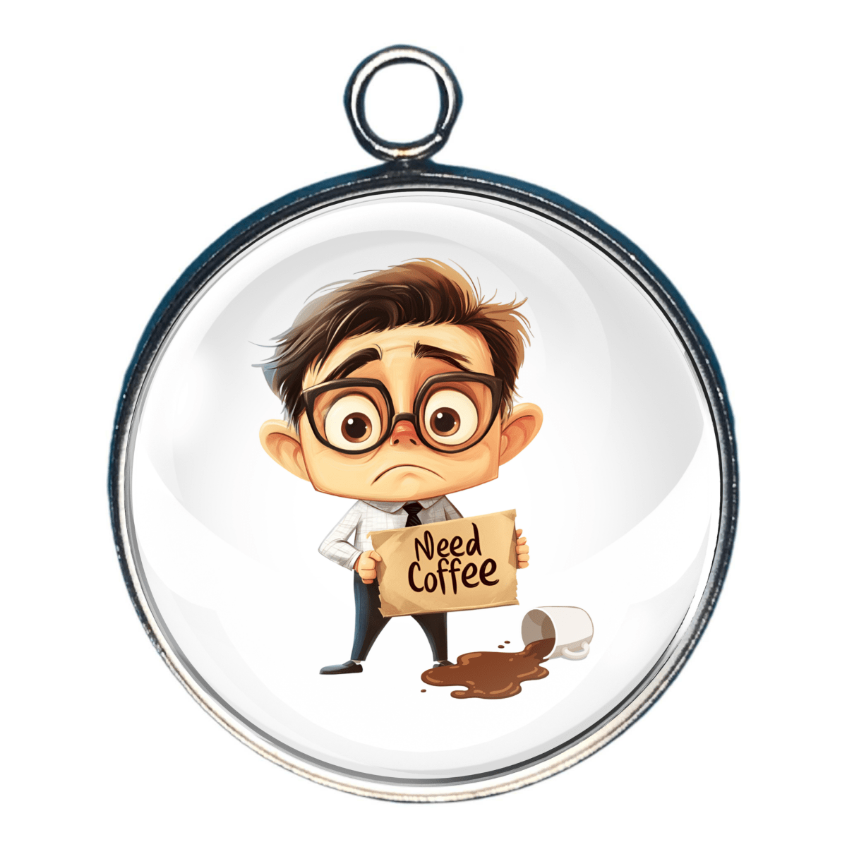Please Send Coffee charm featuring cartoon boy holding “Need Coffee” sign with spilled coffee cup.