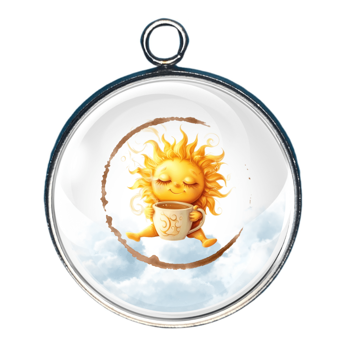 Please Send Coffee charm with smiling sun character holding coffee cup in cloud background.