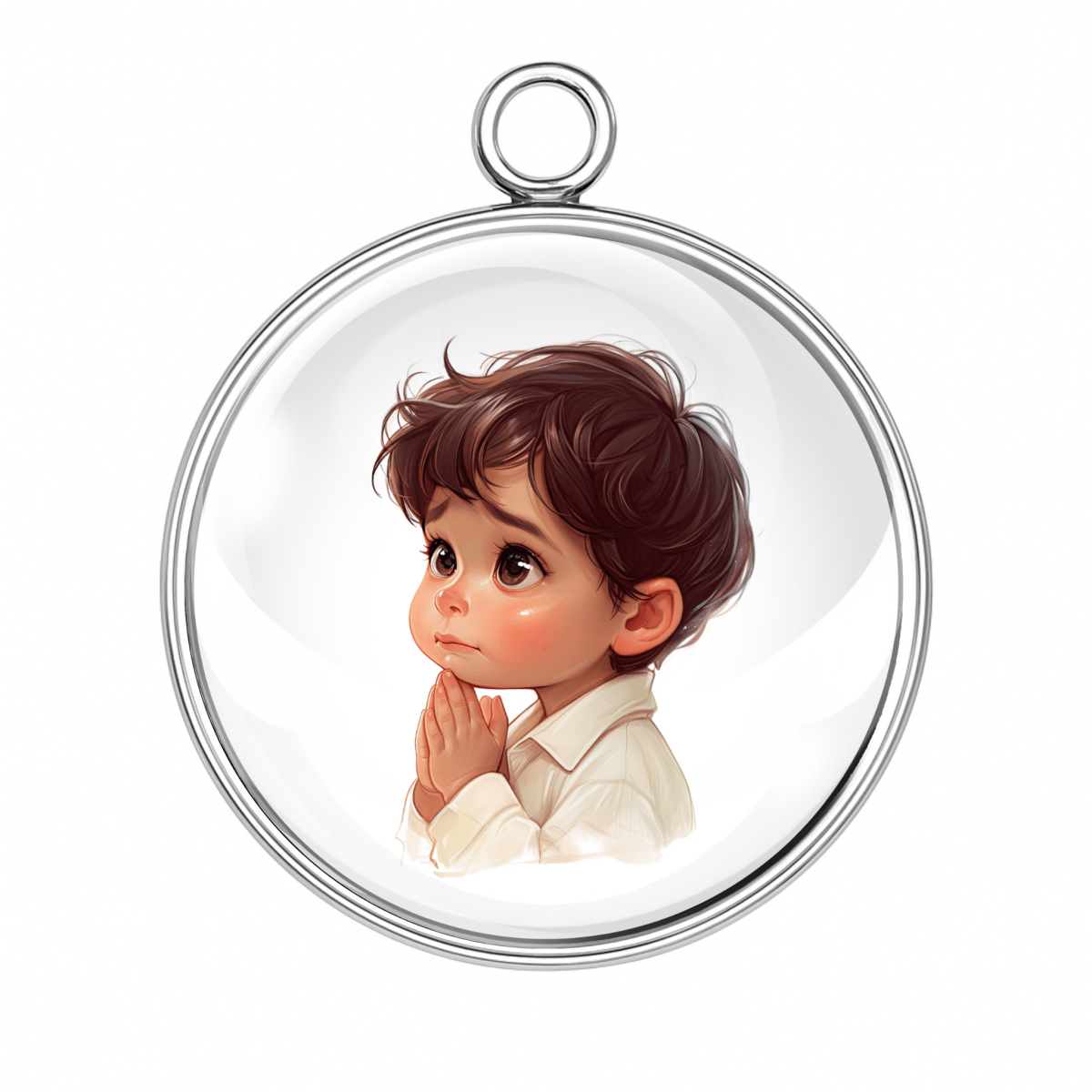 Boy praying with eyes wide open in awe charm