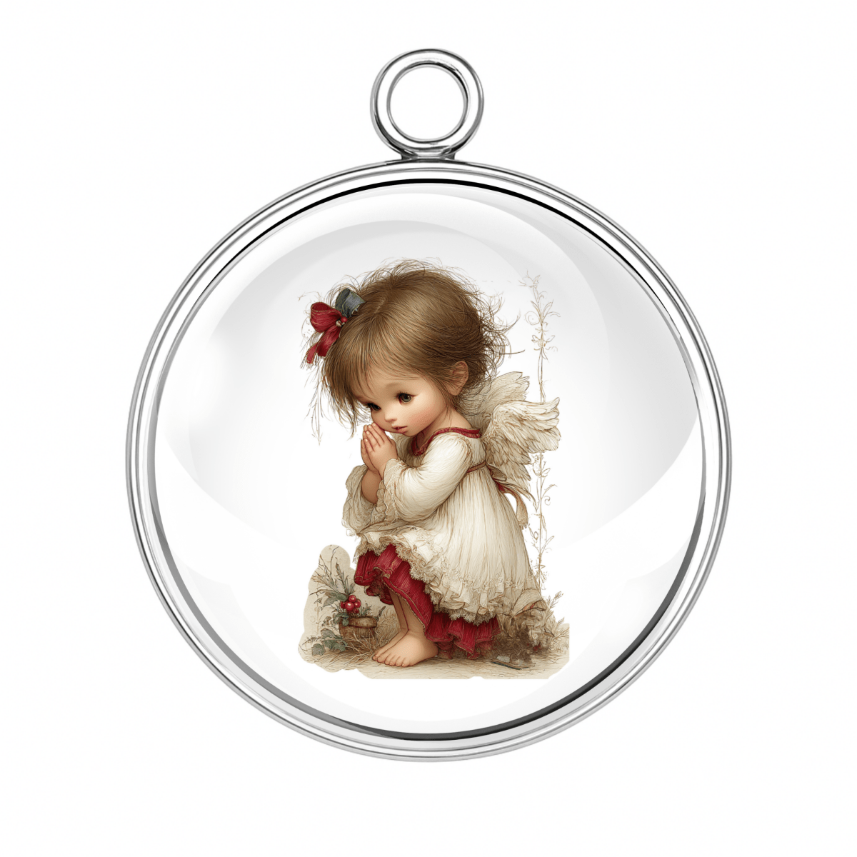 Kneeling angel charm with soft wings and red flowers