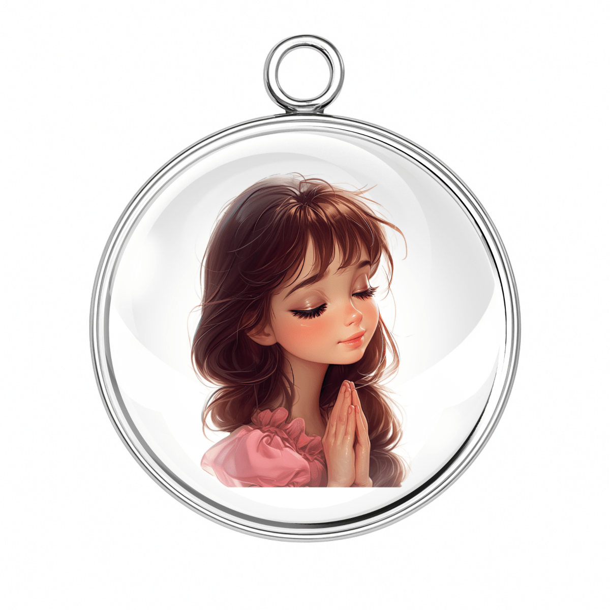 Praying girl charm with long brown hair