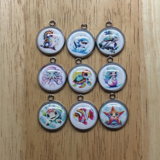 video of glass cabochon charms with a picture of saline creatures