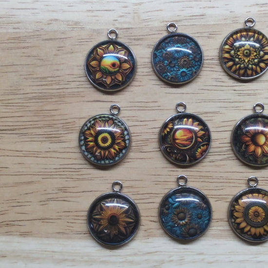 video of 9 southwestern style sunflower glass cabochon charms