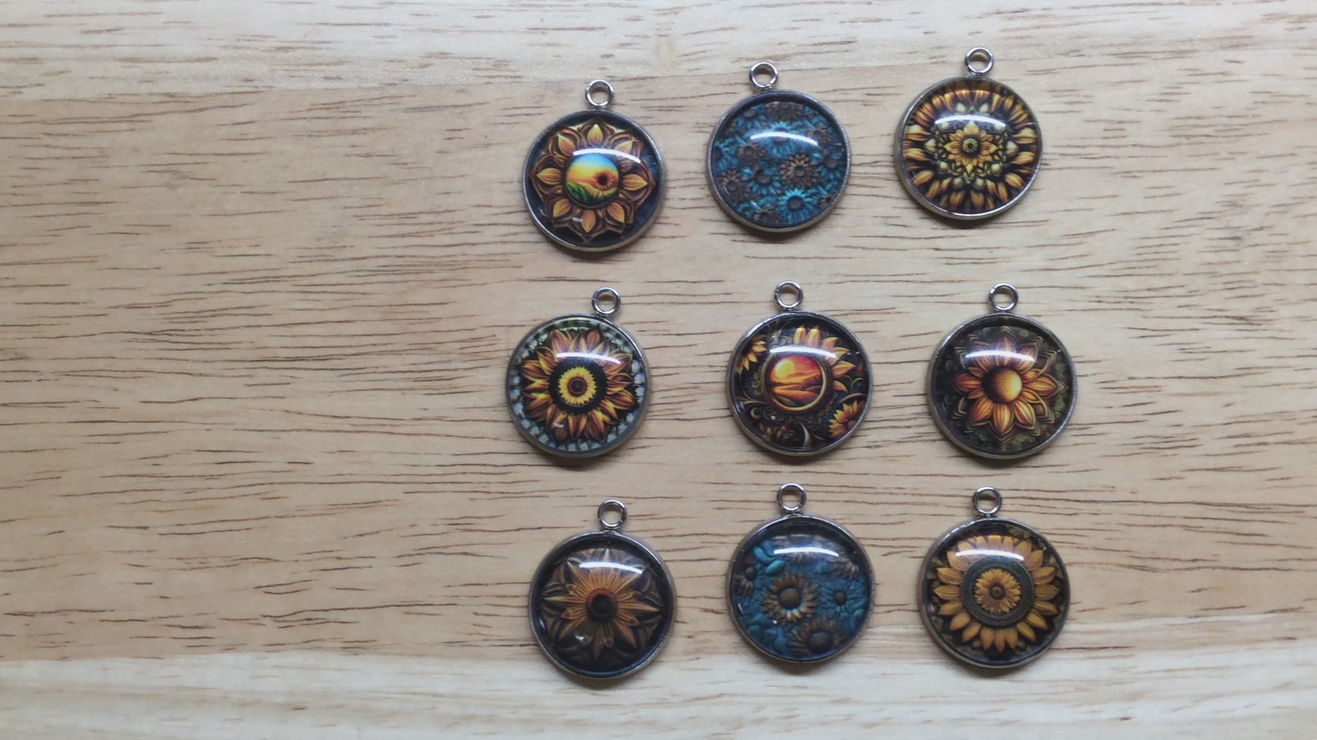 video of 9 southwestern style sunflower glass cabochon charms