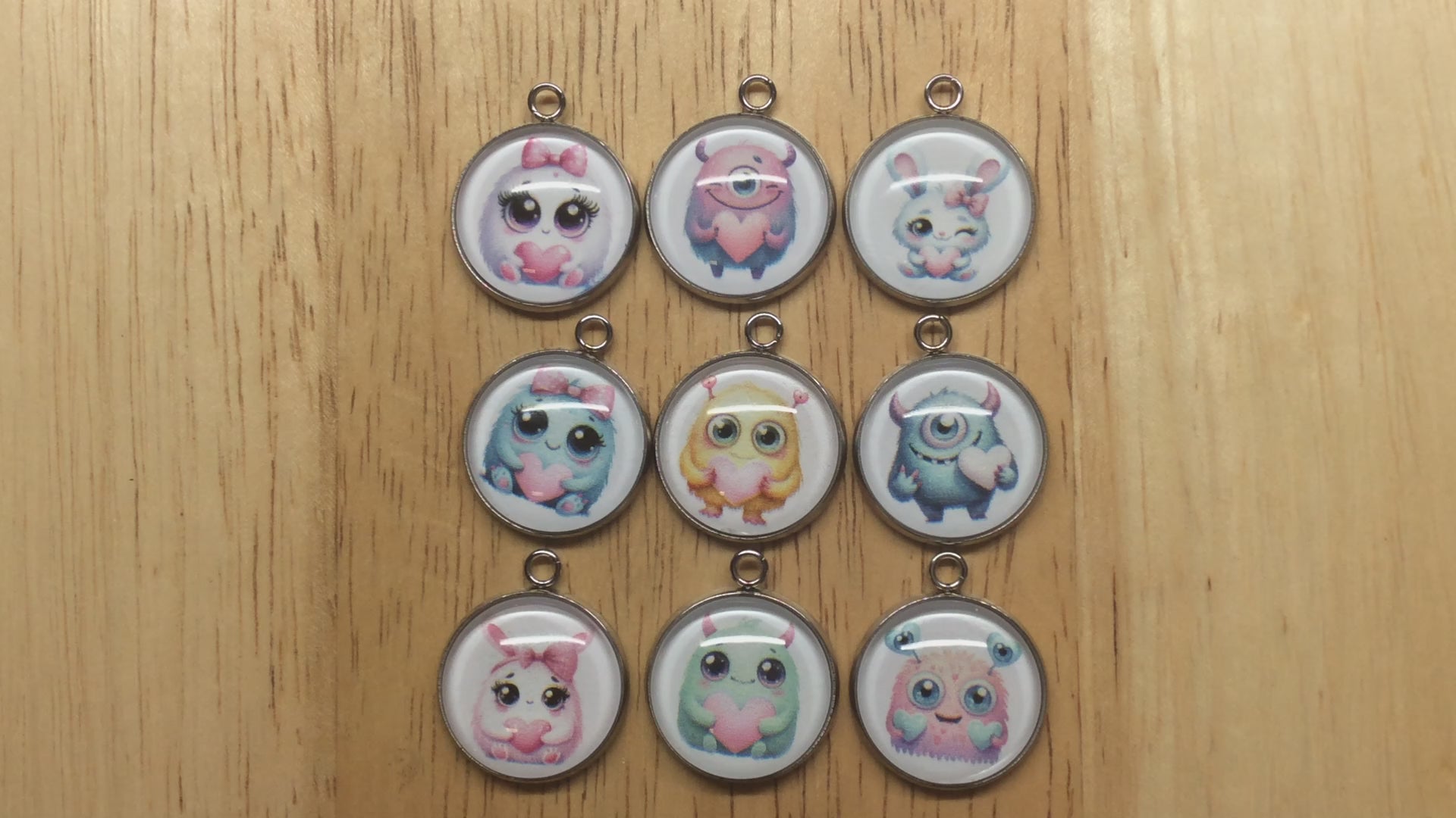 video of 9 cute monster valentine glass cabochon charms