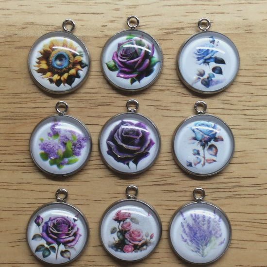 video of 9 pretty flowers glass cabochon charms