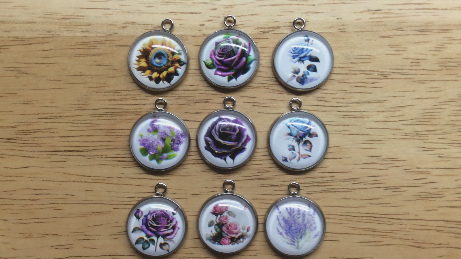 video of 9 pretty flowers glass cabochon charms