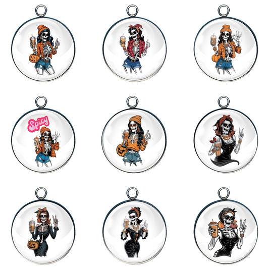 9 Sexy girl skeletons drinking coffee glass cabochon charms