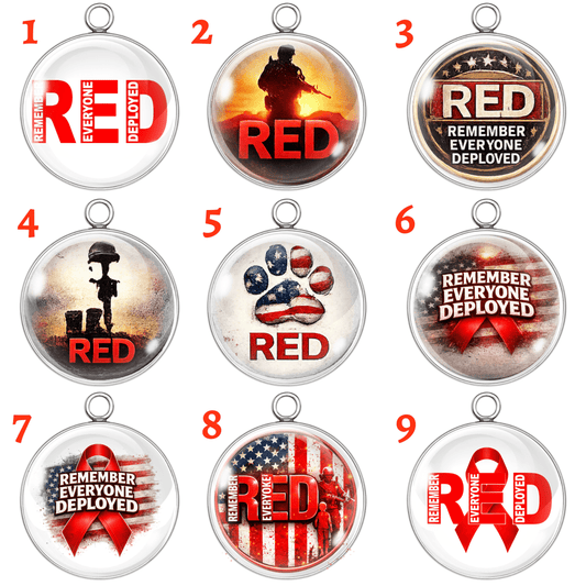 RED Remember Everyone Deployed Glass Cabochon Charm Patriotic Military Pendants