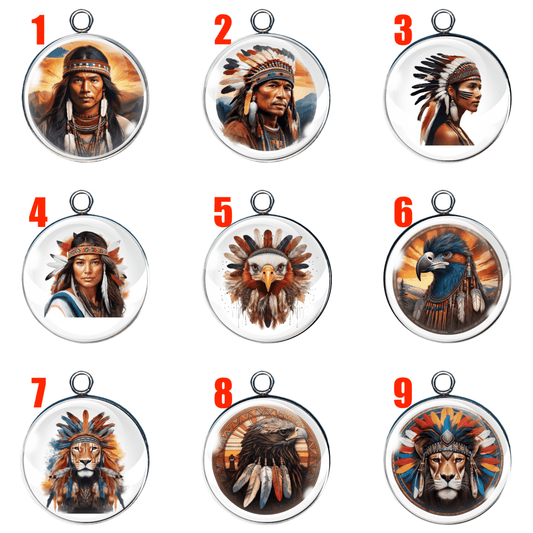Nine circular glass charms with vibrant tribal-inspired animal and human designs wearing feathered headdresses.