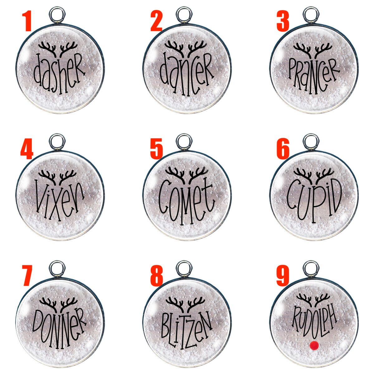 Set of 9 Santas reindeer glass cabochon charms Dasher, Dancer, Prancer, Vixen, Comet. Cupid, Donner, Blitzen, Rudolph.