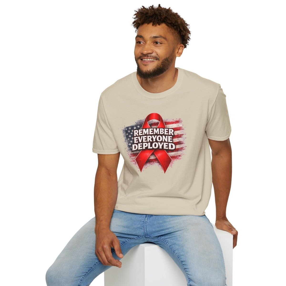 Remember Everyone Deployed American Flag Red Awareness Ribbon T-Shirt