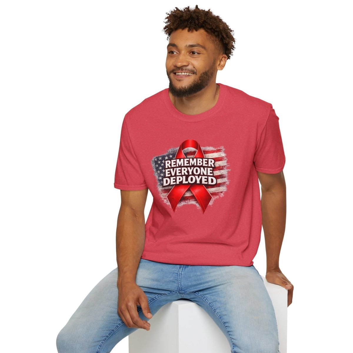 Remember Everyone Deployed American Flag Red Awareness Ribbon T-Shirt