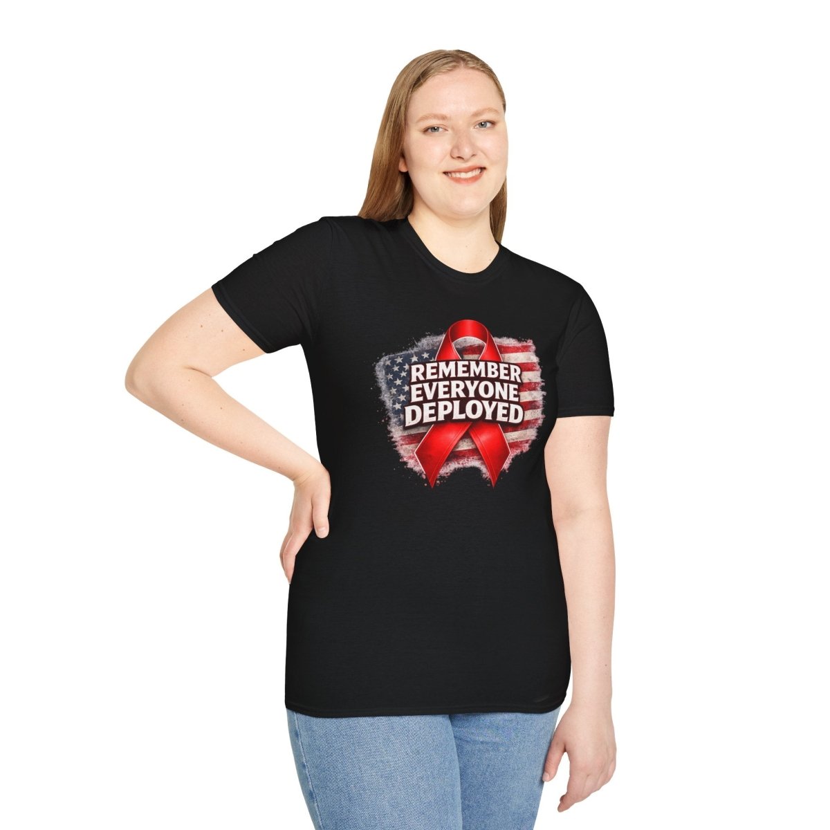 Remember Everyone Deployed American Flag Red Awareness Ribbon T-Shirt