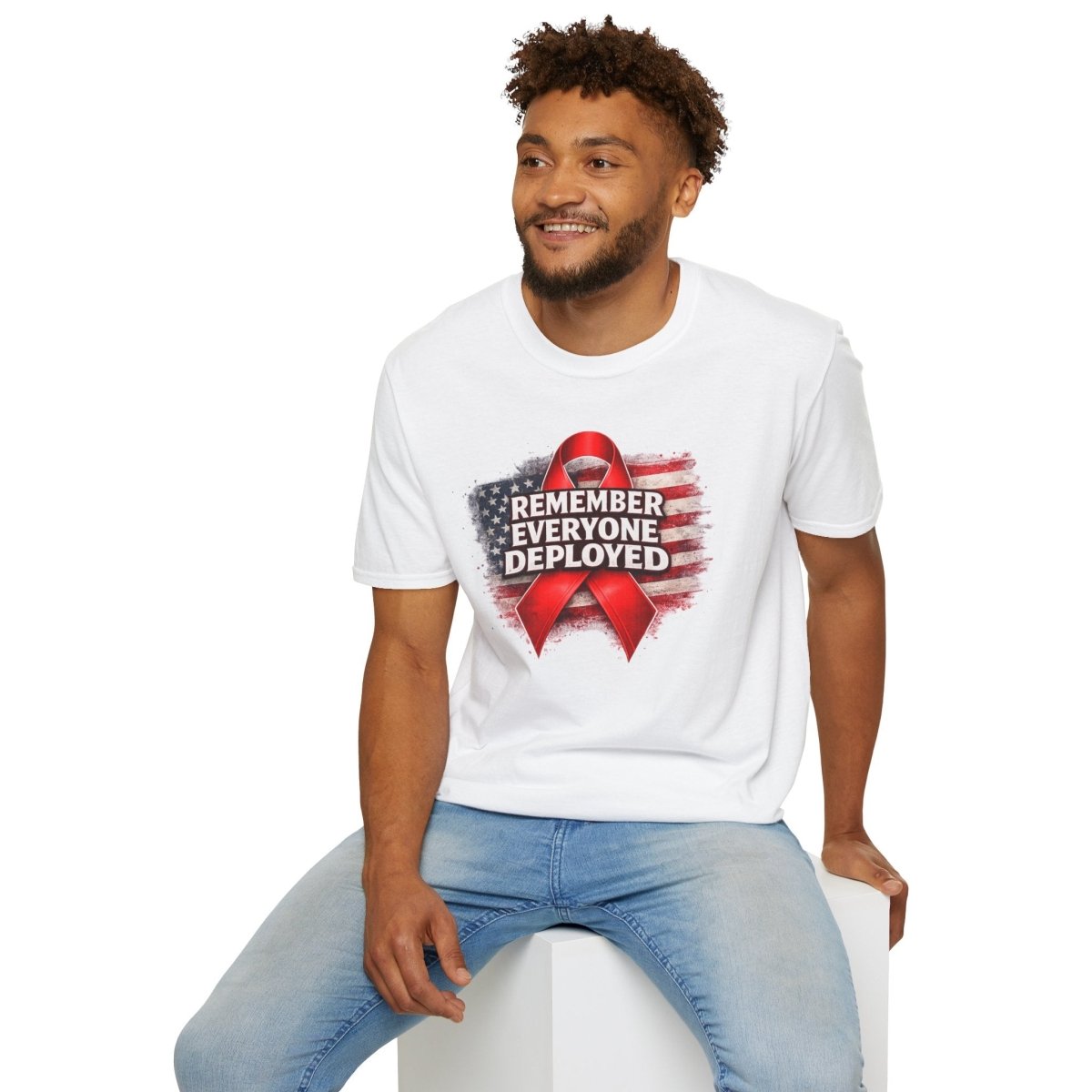 Remember Everyone Deployed American Flag Red Awareness Ribbon T-Shirt