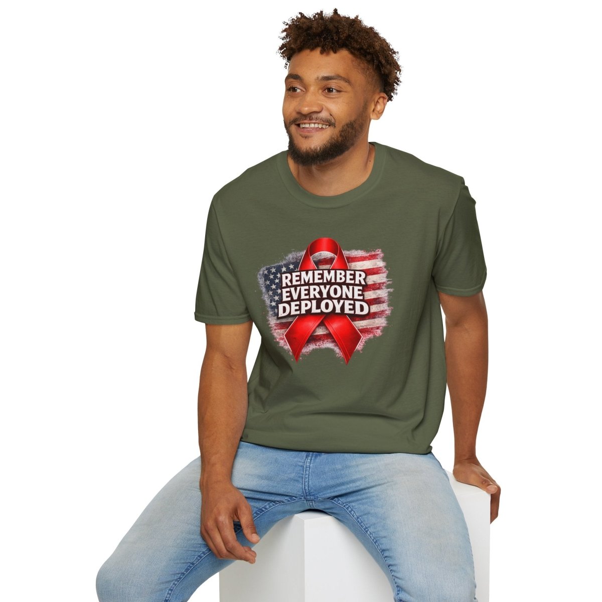 Remember Everyone Deployed American Flag Red Awareness Ribbon T-Shirt