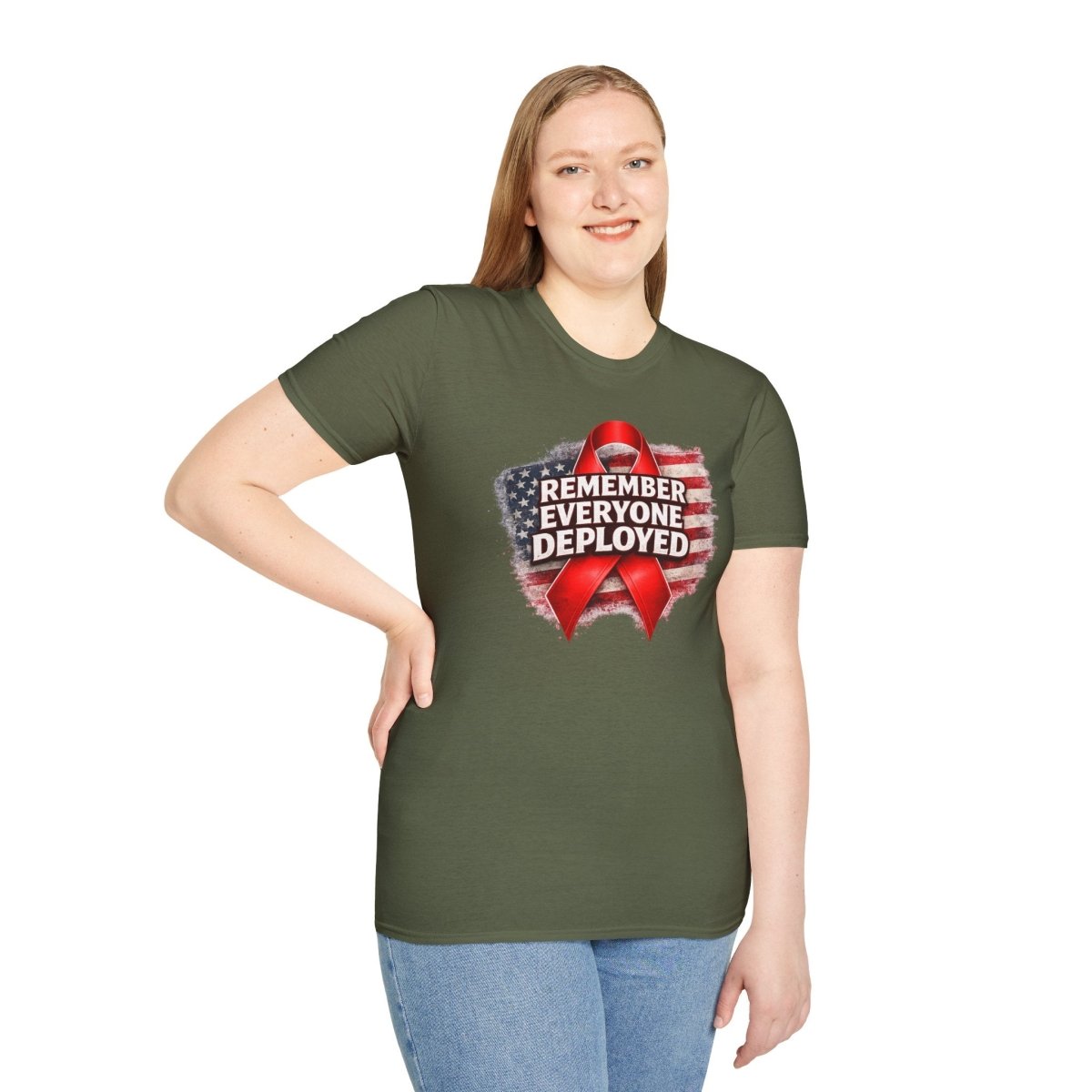 Remember Everyone Deployed American Flag Red Awareness Ribbon T-Shirt