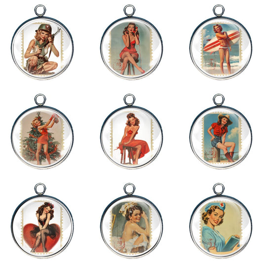 Group of 9 charms depicting pin up girls 