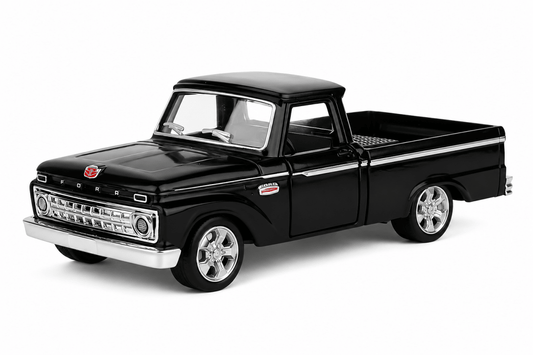 A black die-cast model of a classic Ford pickup truck, shown from a three-quarter front angle on a clean white background.