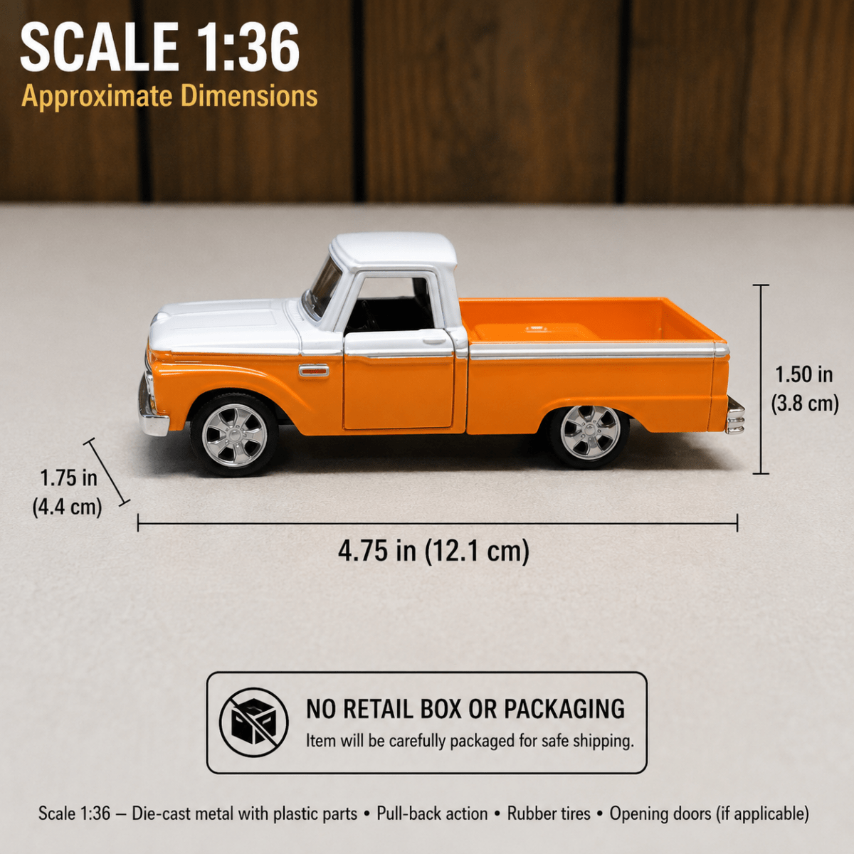 A 1:36 scale die-cast toy pickup truck shown on a light beige surface with overlaid dimension lines and text indicating approximate measurements. The truck has a white cab and a bright orange bed, with black tires and silver rims.
