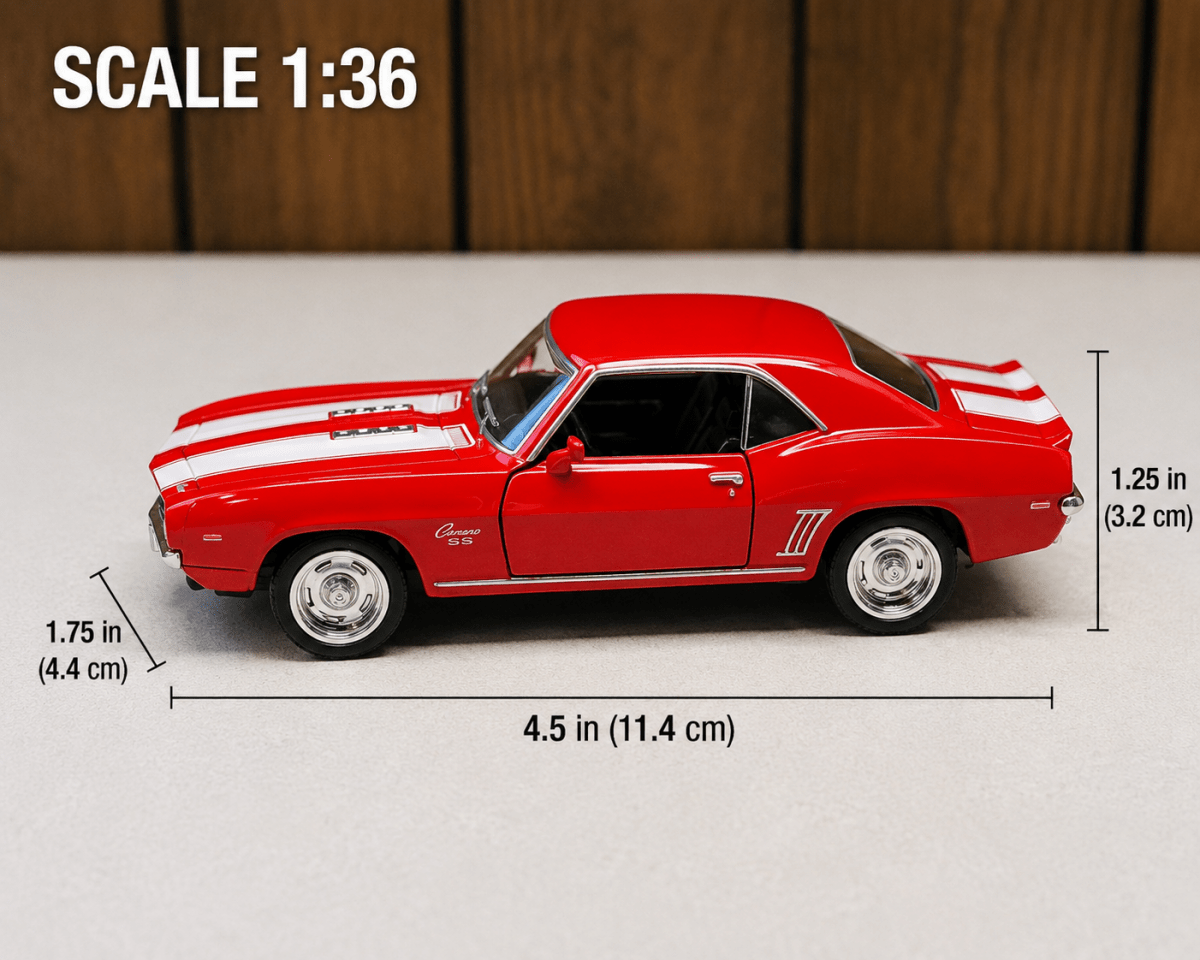 A red 1:36 scale model car with white racing stripes, shown on a light surface with dimension lines and text indicating its length, height, and width.