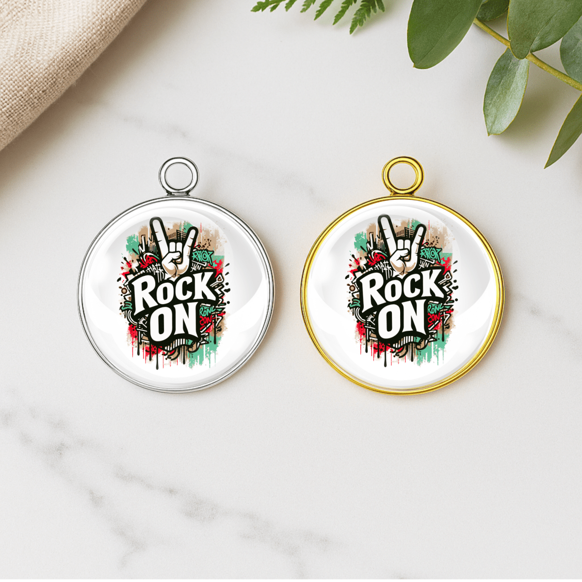 Rock On Hand Sign Glass Cabochon Charms – Stainless Steel DIY Jewelry Pendants